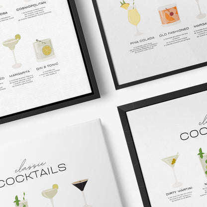 framed wall art composition featuring classic cocktail illustrations in black frame, including cosmopolitan, piña colada, old fashioned, margarita, gin and tonic, and dirty martini on white background