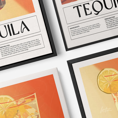 collection of framed illustrations of cocktails featuring a tequila recipe and lemon details