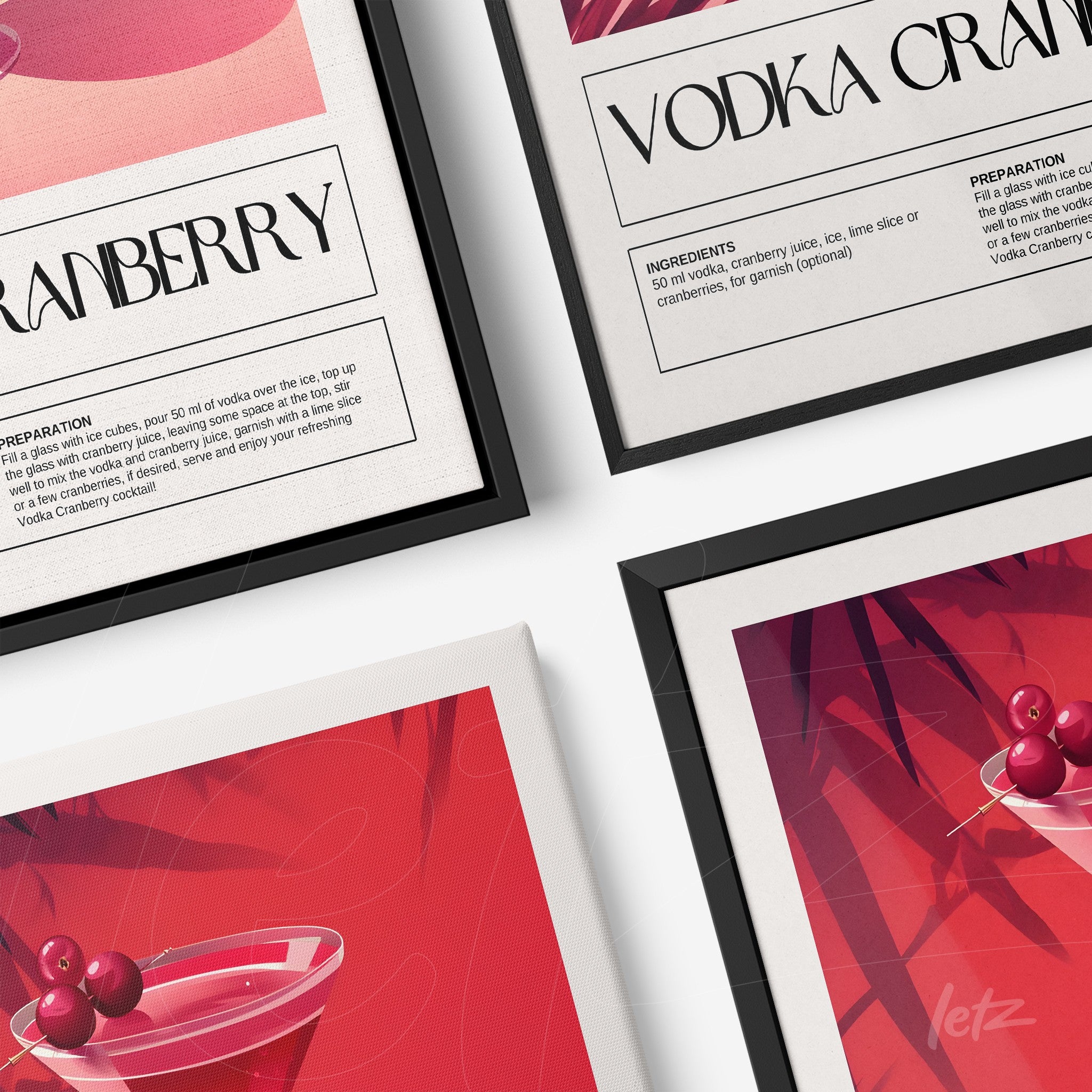 set of framed wall art featuring minimalist illustration of vodka cranberry cocktail with black frames
