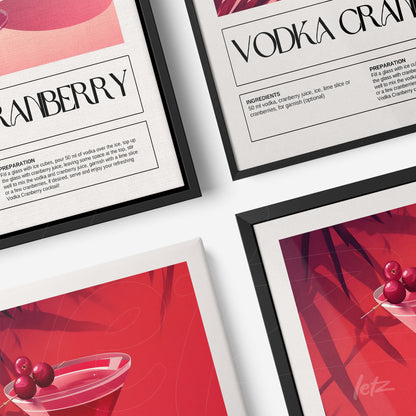 set of framed wall art featuring minimalist illustration of vodka cranberry cocktail with black frames