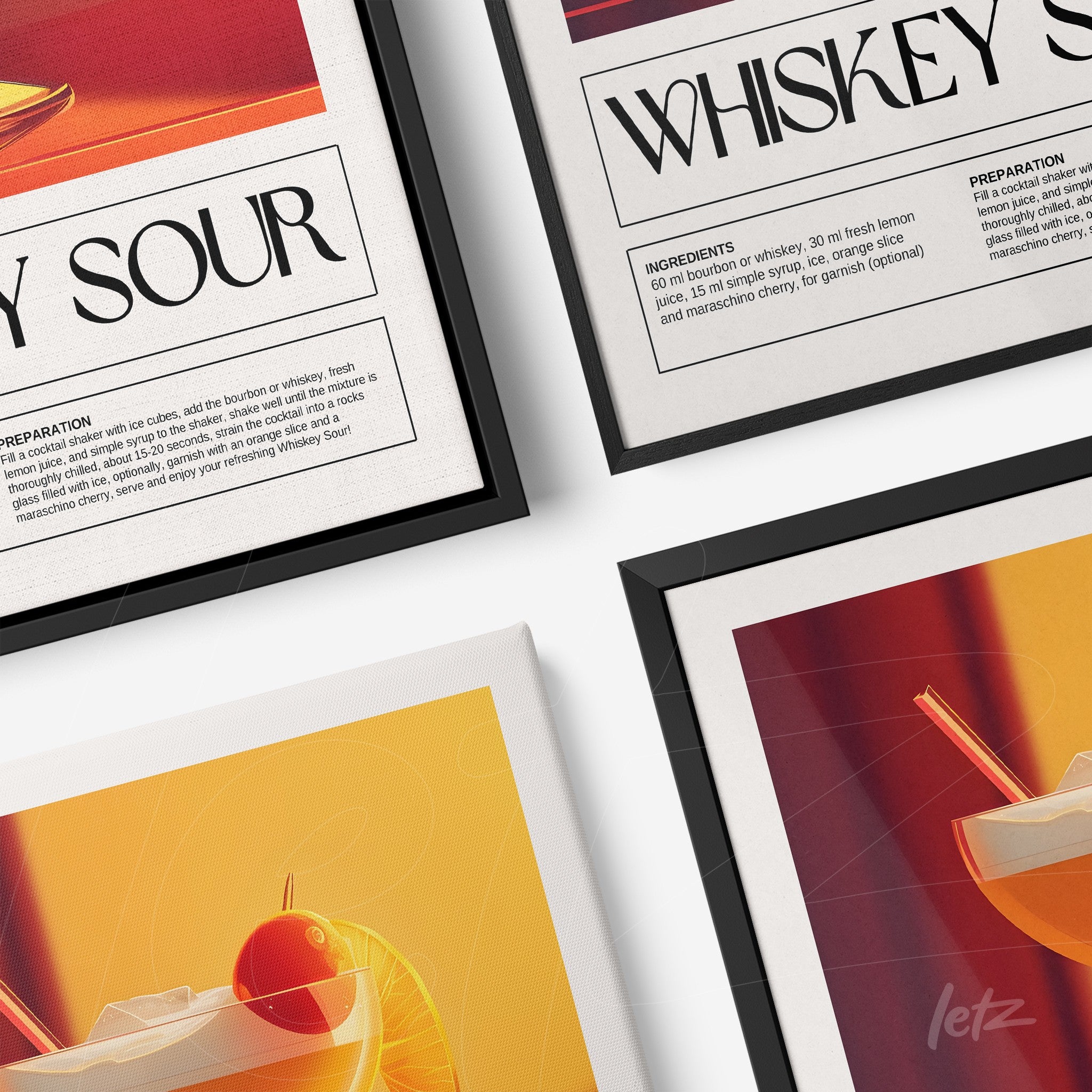composition of decorative wall art featuring crafted cocktails with black frame details and vibrant colorful background