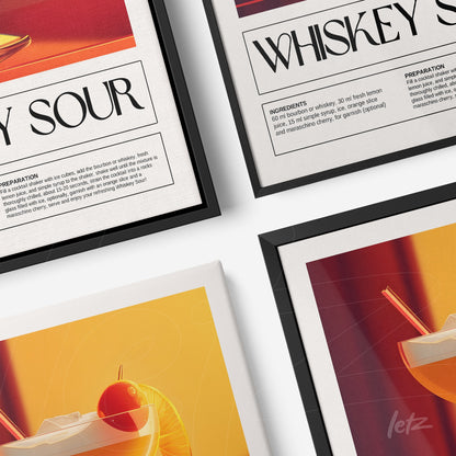 composition of decorative wall art featuring crafted cocktails with black frame details and vibrant colorful background