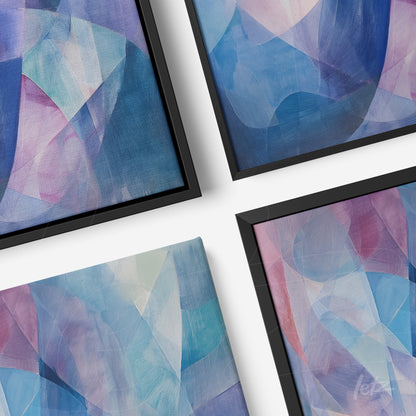 composition of abstract wall art in shades of blue and pink with thin black frames