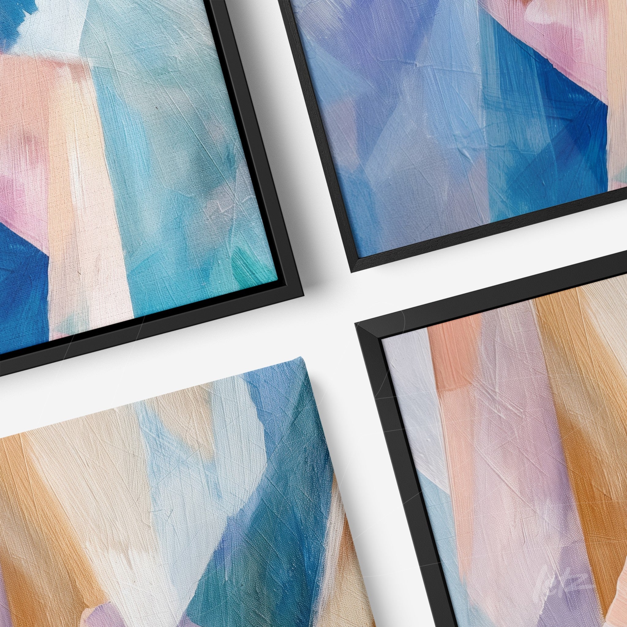 composition of four framed abstract artworks in thin black frames featuring textures in shades of blue, pink, and orange