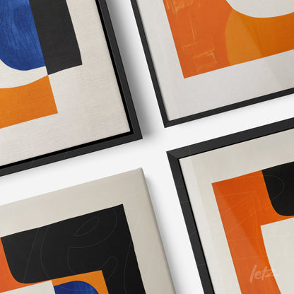 collection of modern wall art featuring vibrant geometric shapes in orange, blue, and black with thin black frames