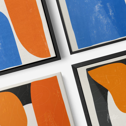 composition of framed artworks featuring abstract shapes in blue, orange, and black with black frames