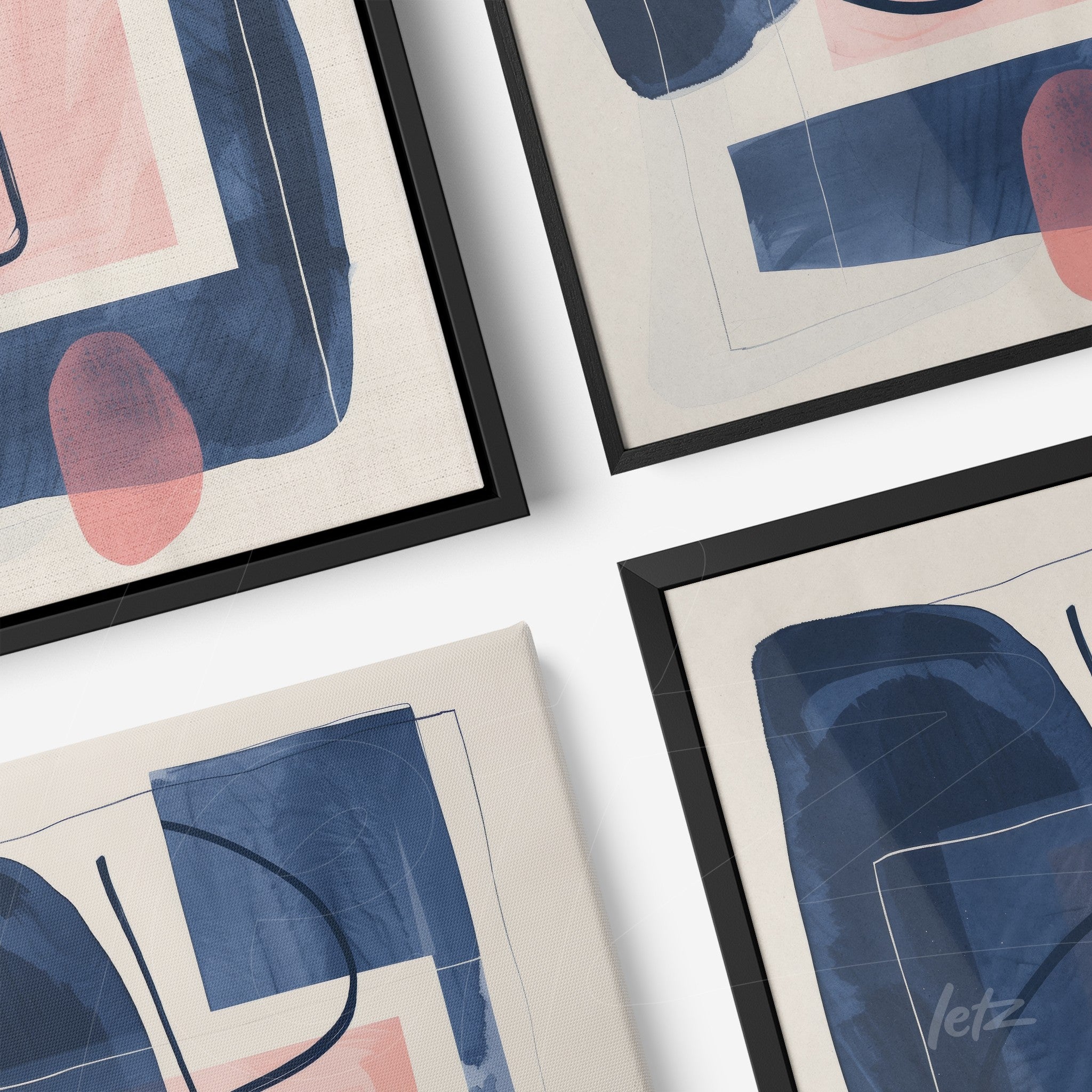 collection of modern wall art featuring abstract shapes in blue and pink tones with black frames
