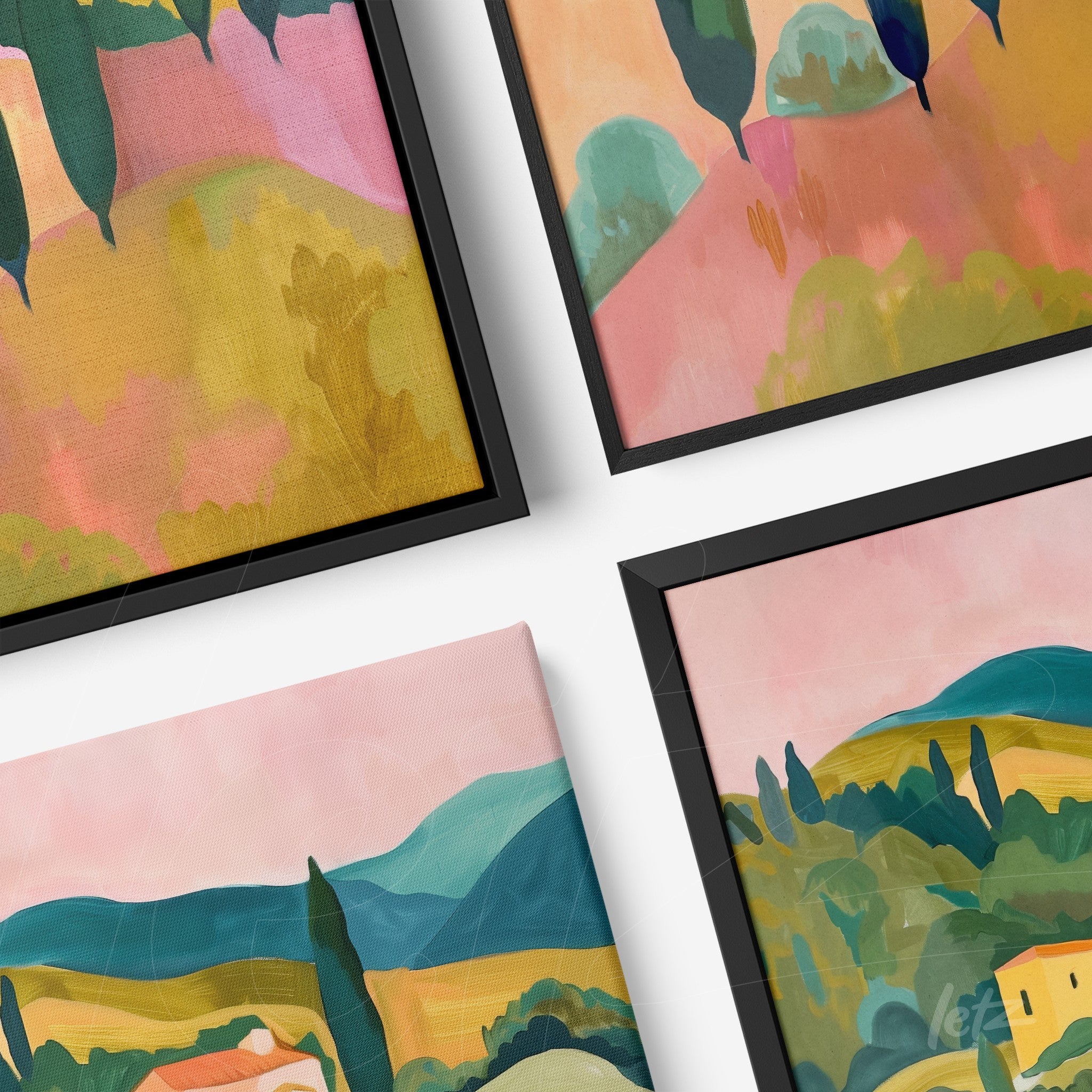 collection of decorative wall art with impressionist landscapes, featuring black and natural frames against a white background