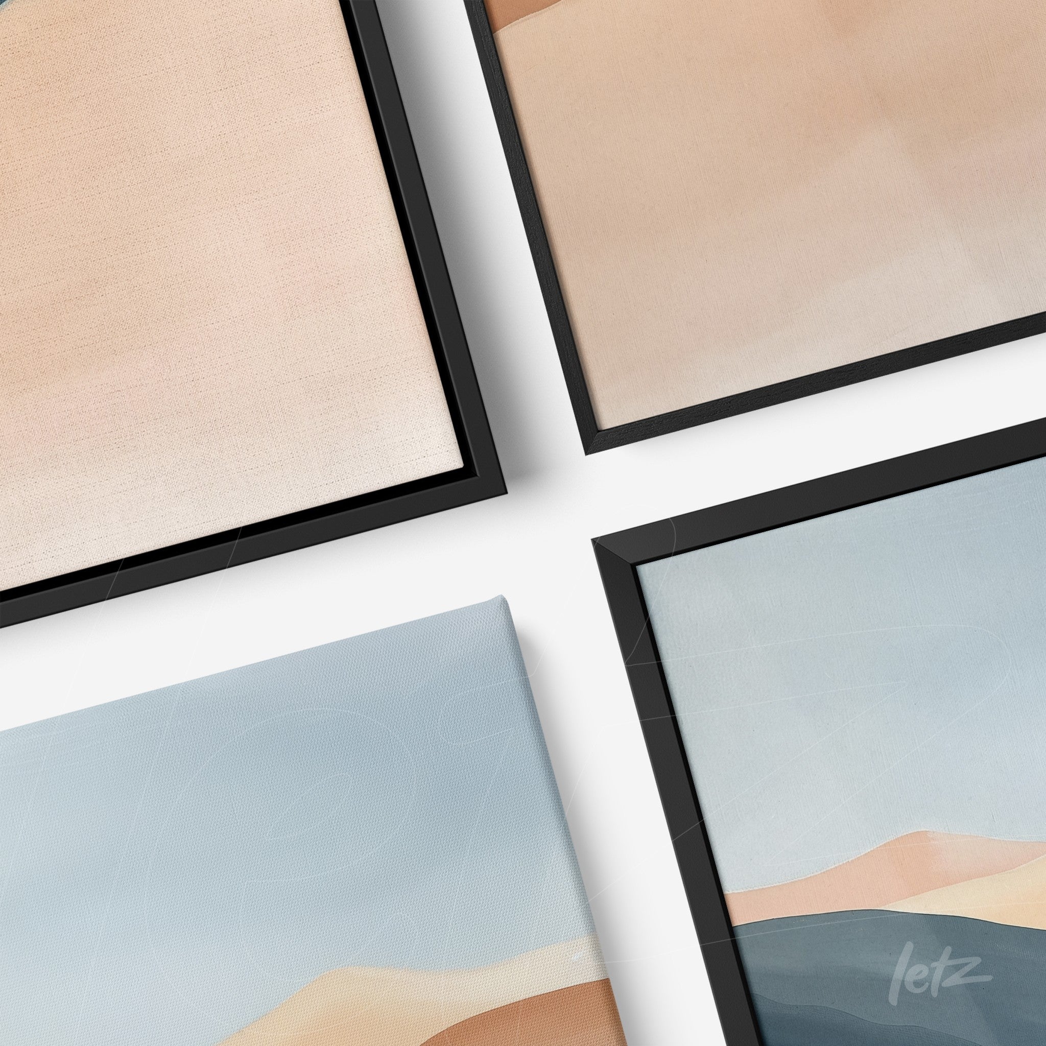 collection of framed abstract art pieces in soft neutral tones with slim black frames
