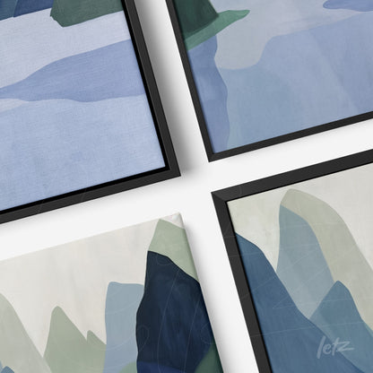 composition of framed abstract art in shades of blue and green with thin black frames
