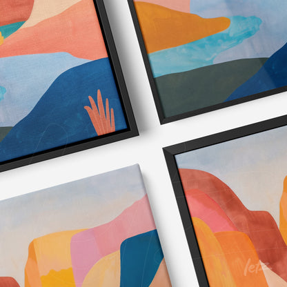collection of framed wall art with abstract patterns in soft colors and colorful mountain elements