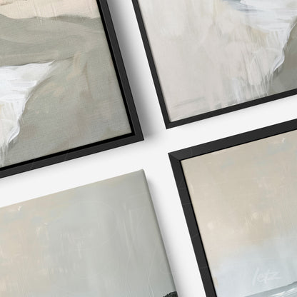 composition of four framed artworks featuring abstract designs in neutral tones with black frames