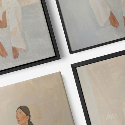 composition of framed wall art featuring minimalist depictions of women in neutral tones with slim black frames