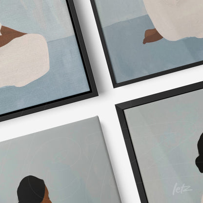 composition of framed wall art featuring minimalist human figures in soft tones with slim black frames