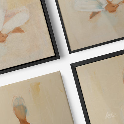 composition of abstract wall art featuring human figures in neutral background with black frame
