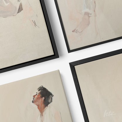 collection of framed minimalistic art pieces in soft tones featuring facial expressions and body parts