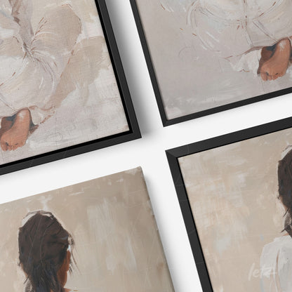 composition of framed contemporary art depicting human silhouettes on neutral background with black frame