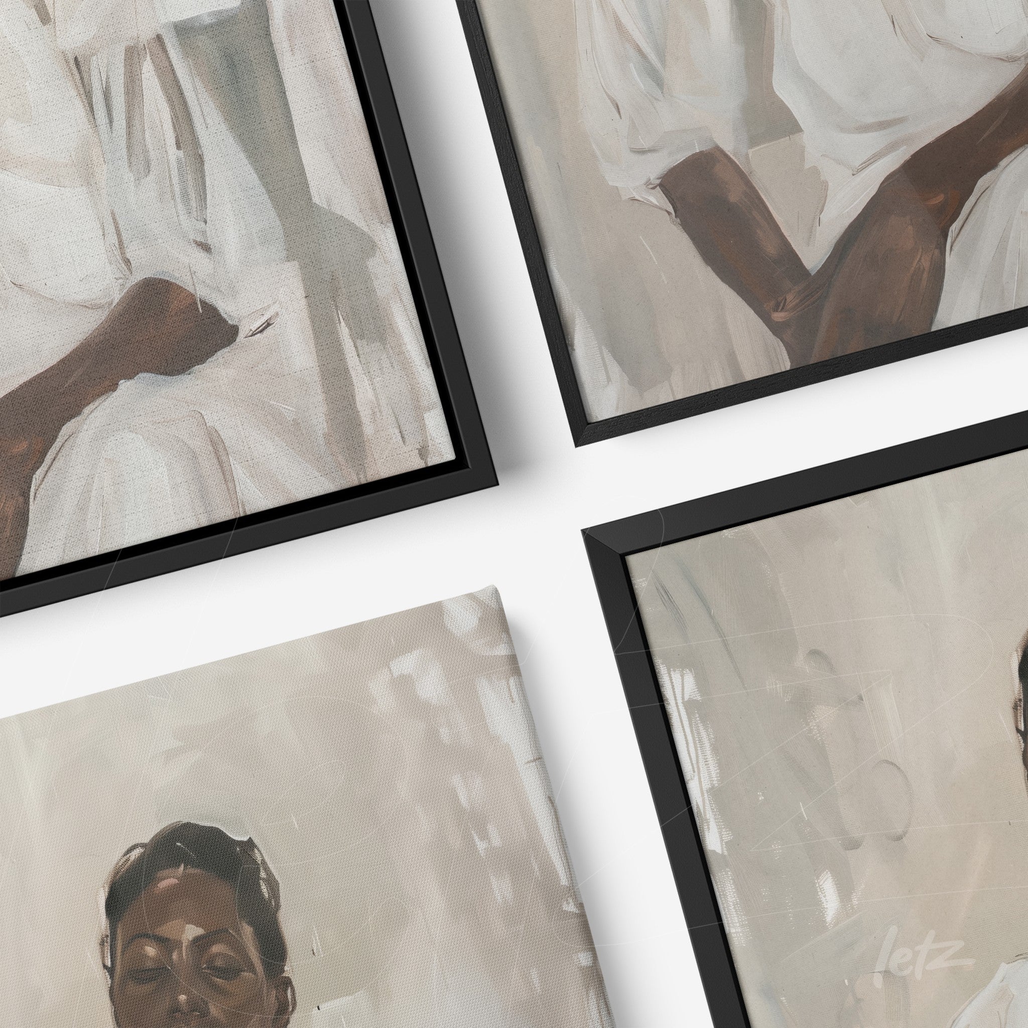 collection of four framed artworks featuring portraits of female figures in neutral tones