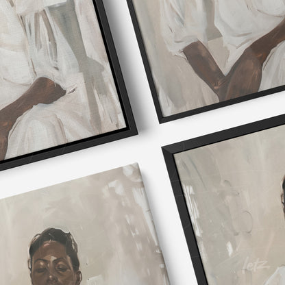 collection of four framed artworks featuring portraits of female figures in neutral tones