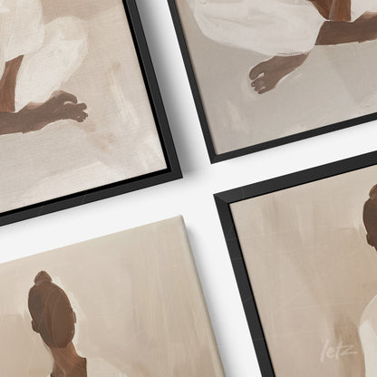 composition of framed minimalist abstract art in neutral tones with thin black frames