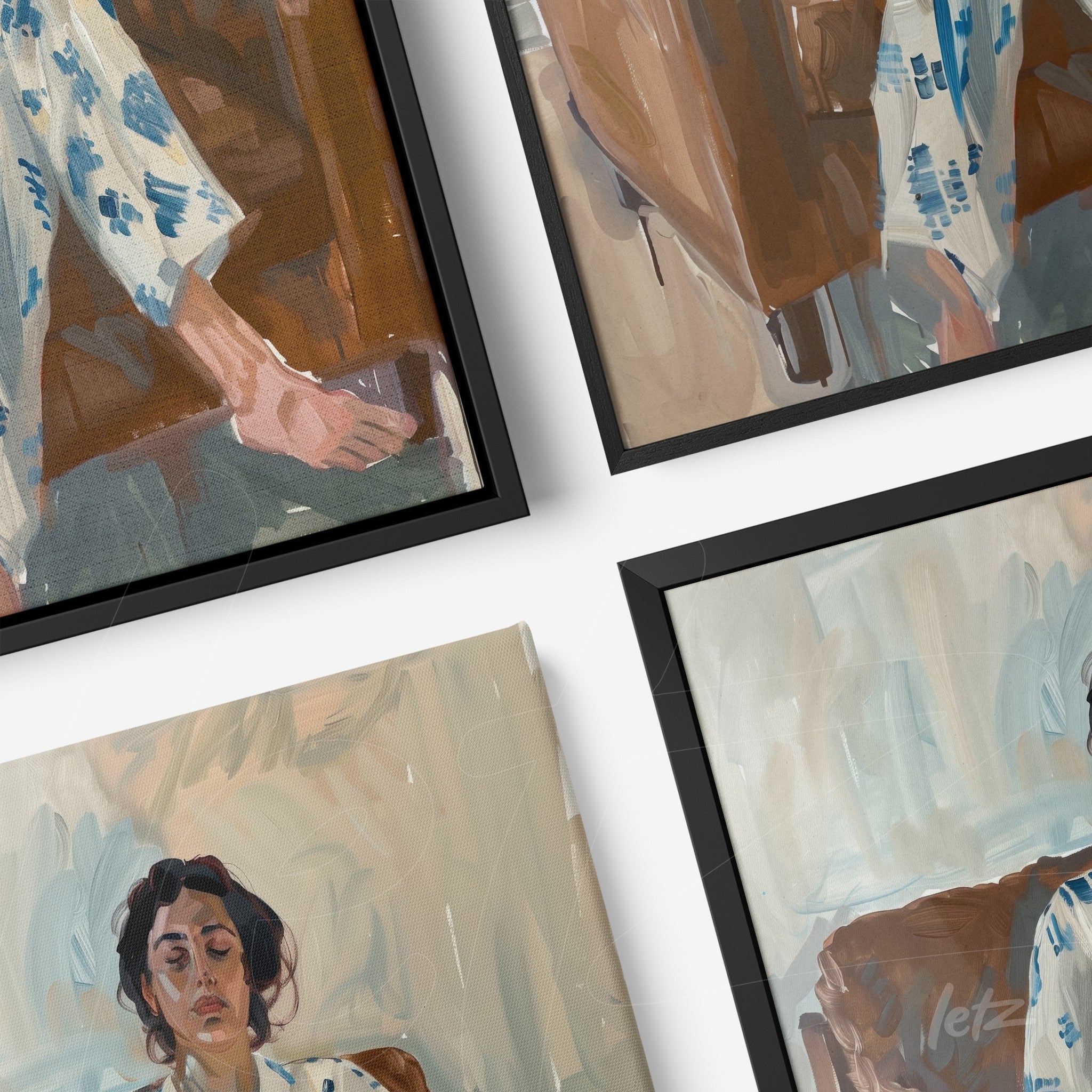 collection of four framed artworks featuring feminine portraits in an impressionist style with black frames