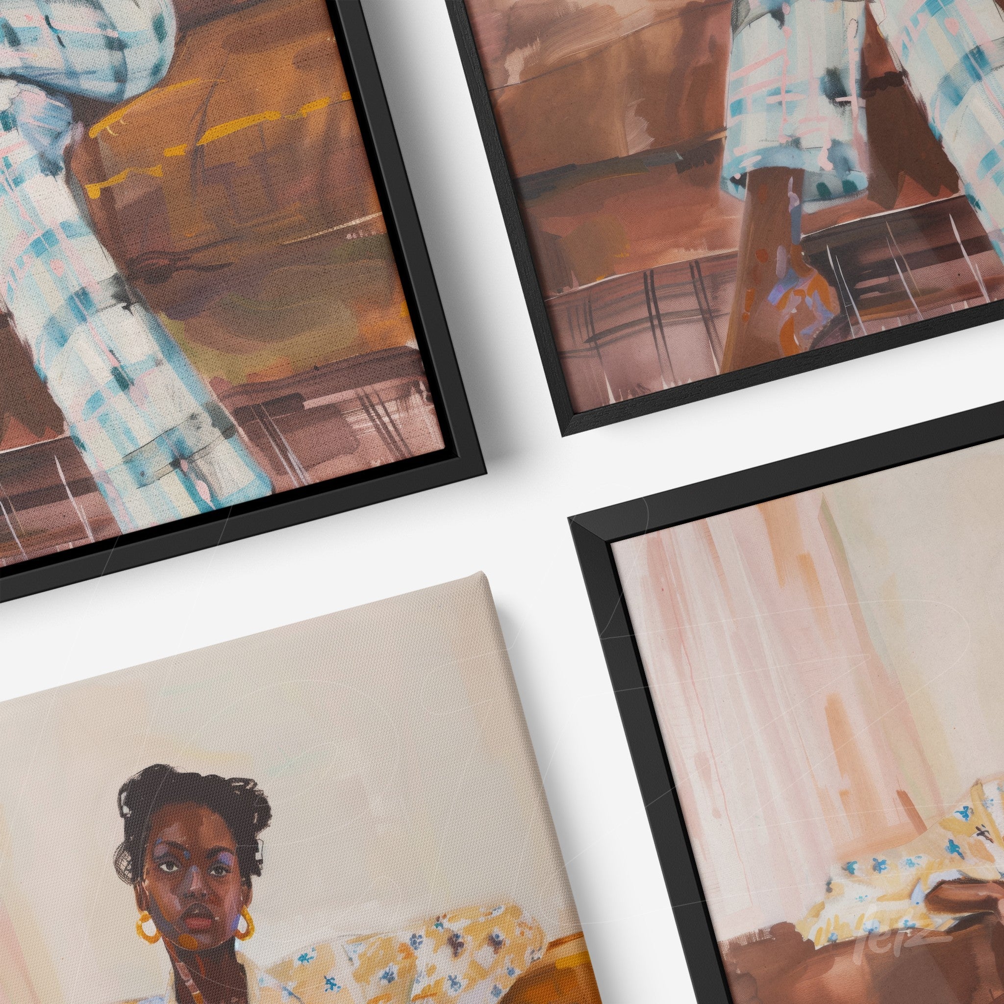 collection of framed artworks featuring portraits of an African American woman in artistic style with sleek black frames