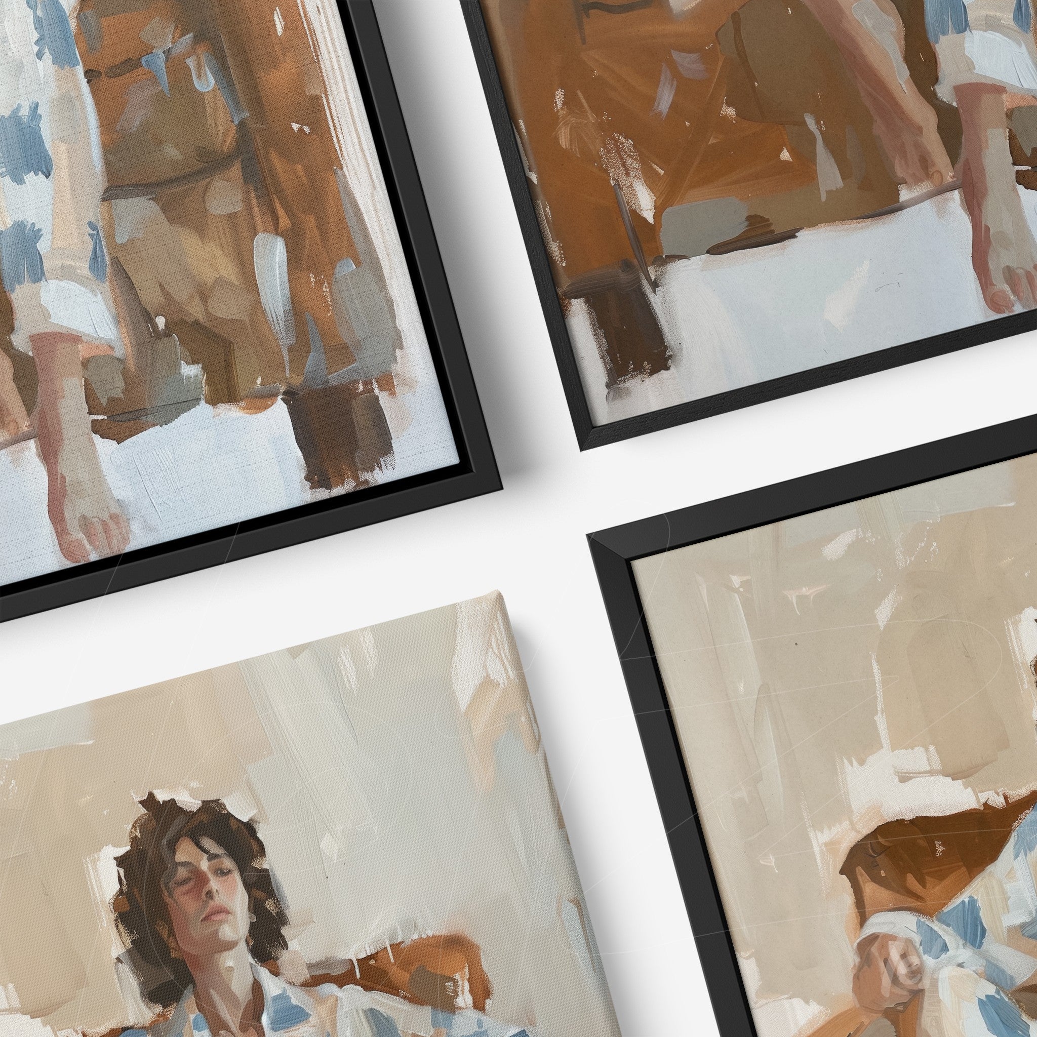 collection of framed artworks showcasing human figures in earthy tones with black borders