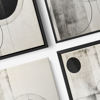 minimalist wall art composition in black and white featuring geometric shapes with black frames