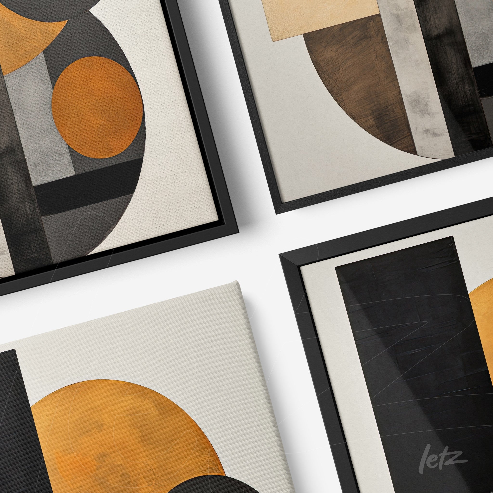 collection of abstract wall art featuring geometric shapes in black, gold, and gray with black frames