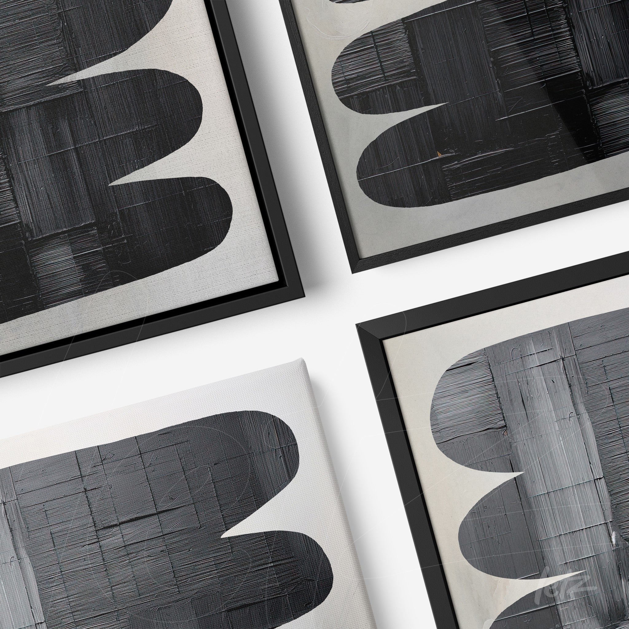 composition of abstract black and white wall art with thin black frames