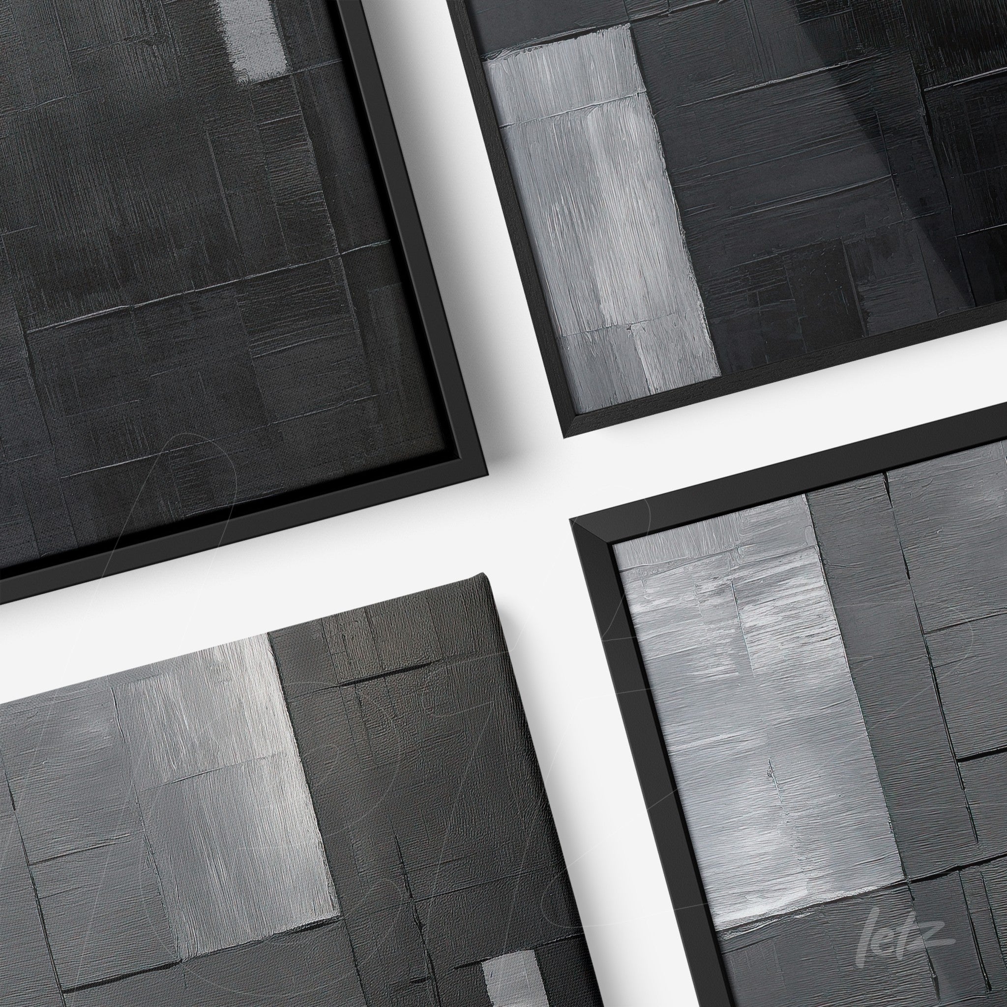 collection of abstract black and gray artworks with thin black frames