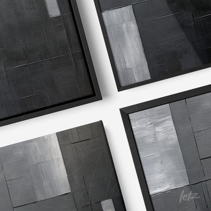 collection of abstract black and gray artworks with thin black frames