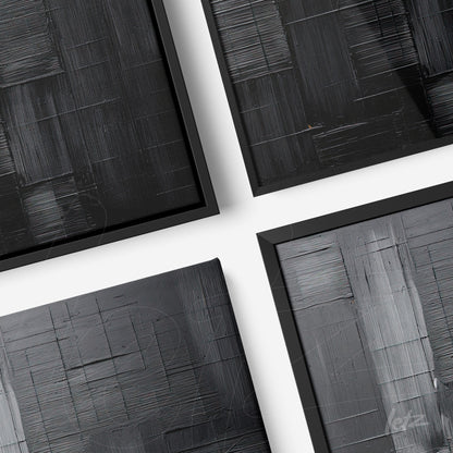 collection of framed wall art featuring abstract textured designs in black and gray, with thin black frames