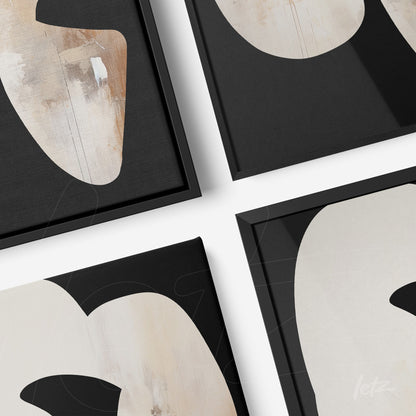 composition of abstract framed wall art with organic shapes in light and dark colors