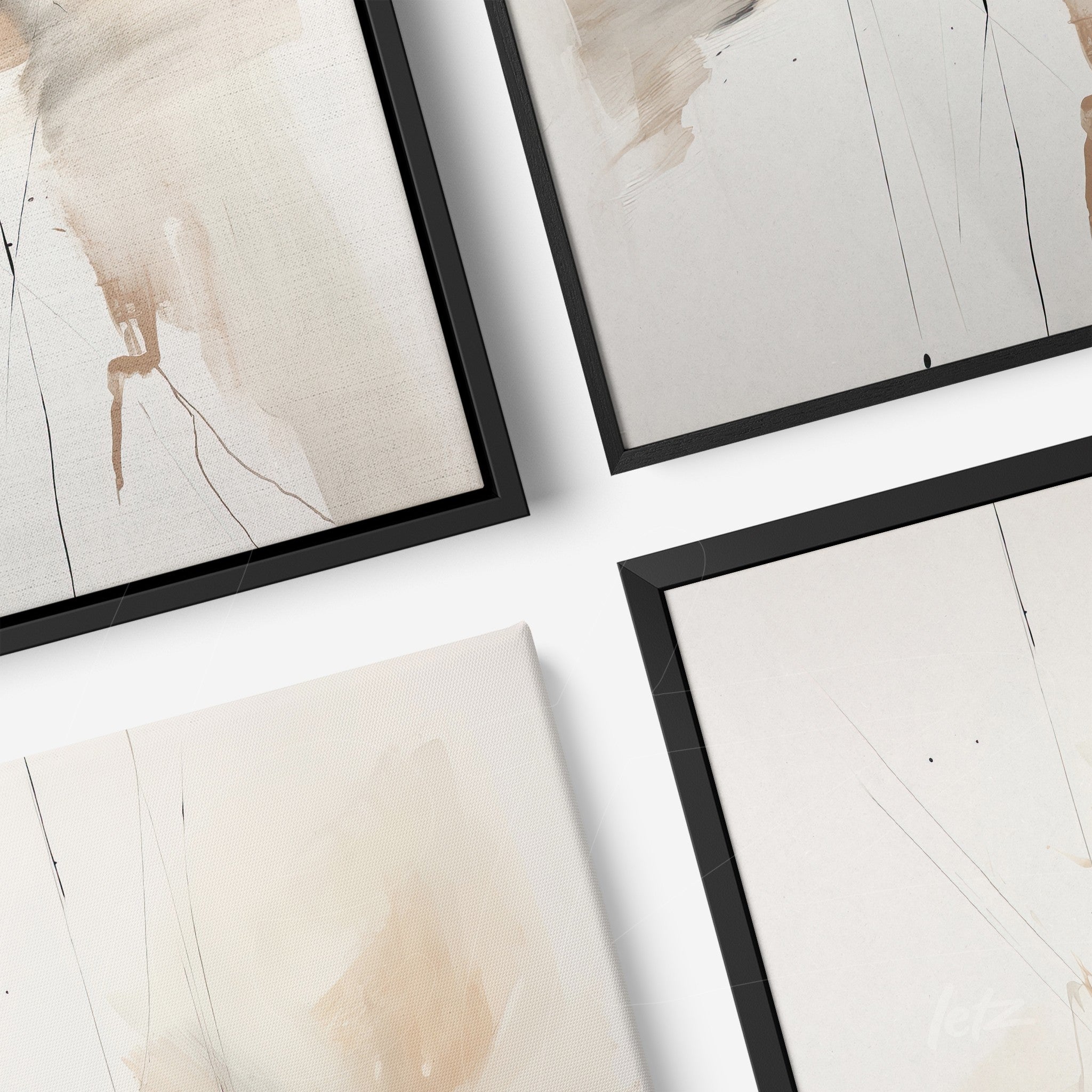 composition of abstract wall art in neutral tones with black frames featuring subtle lines and textures