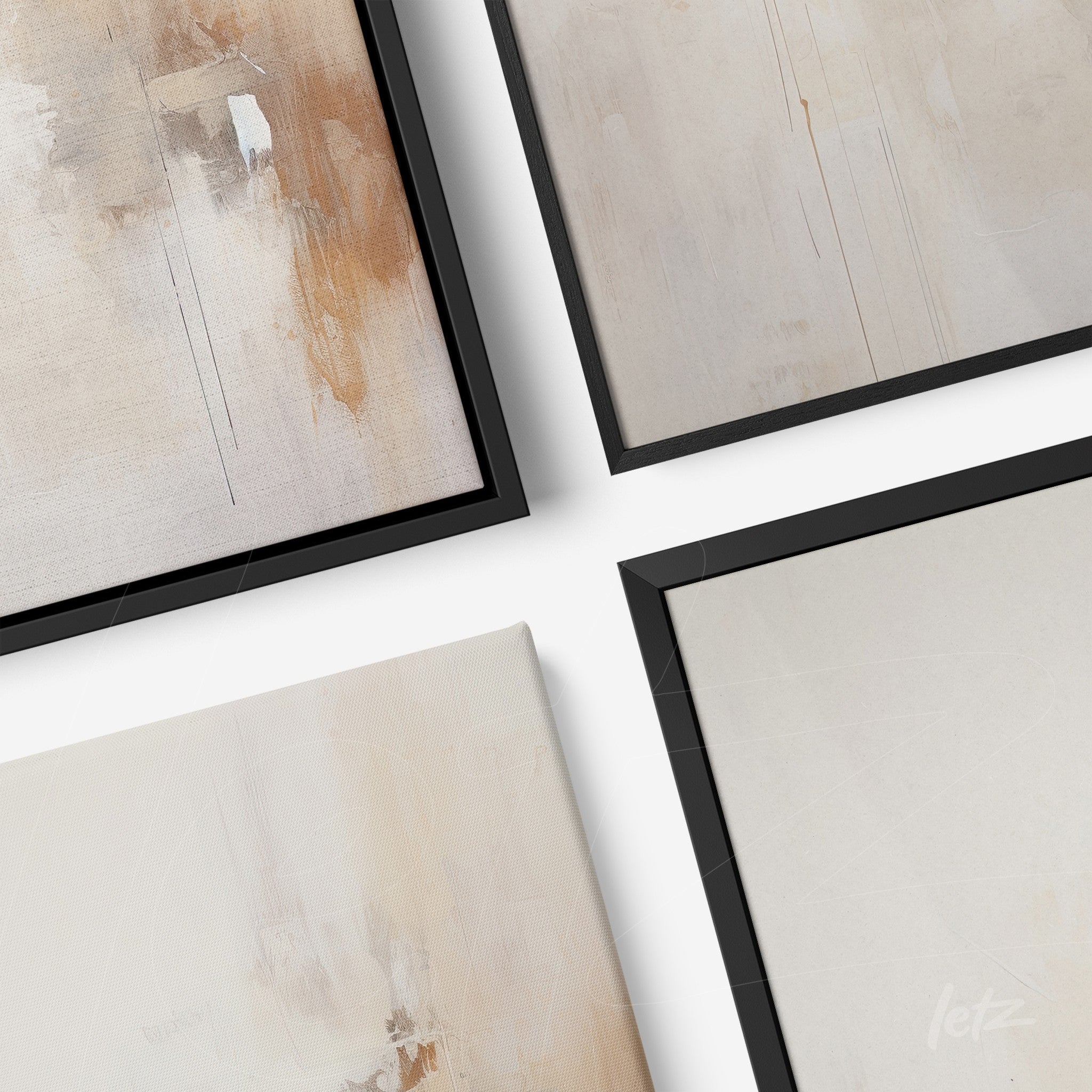 composition featuring four abstract framed artworks in black frames, showcasing neutral tones and subtle textures