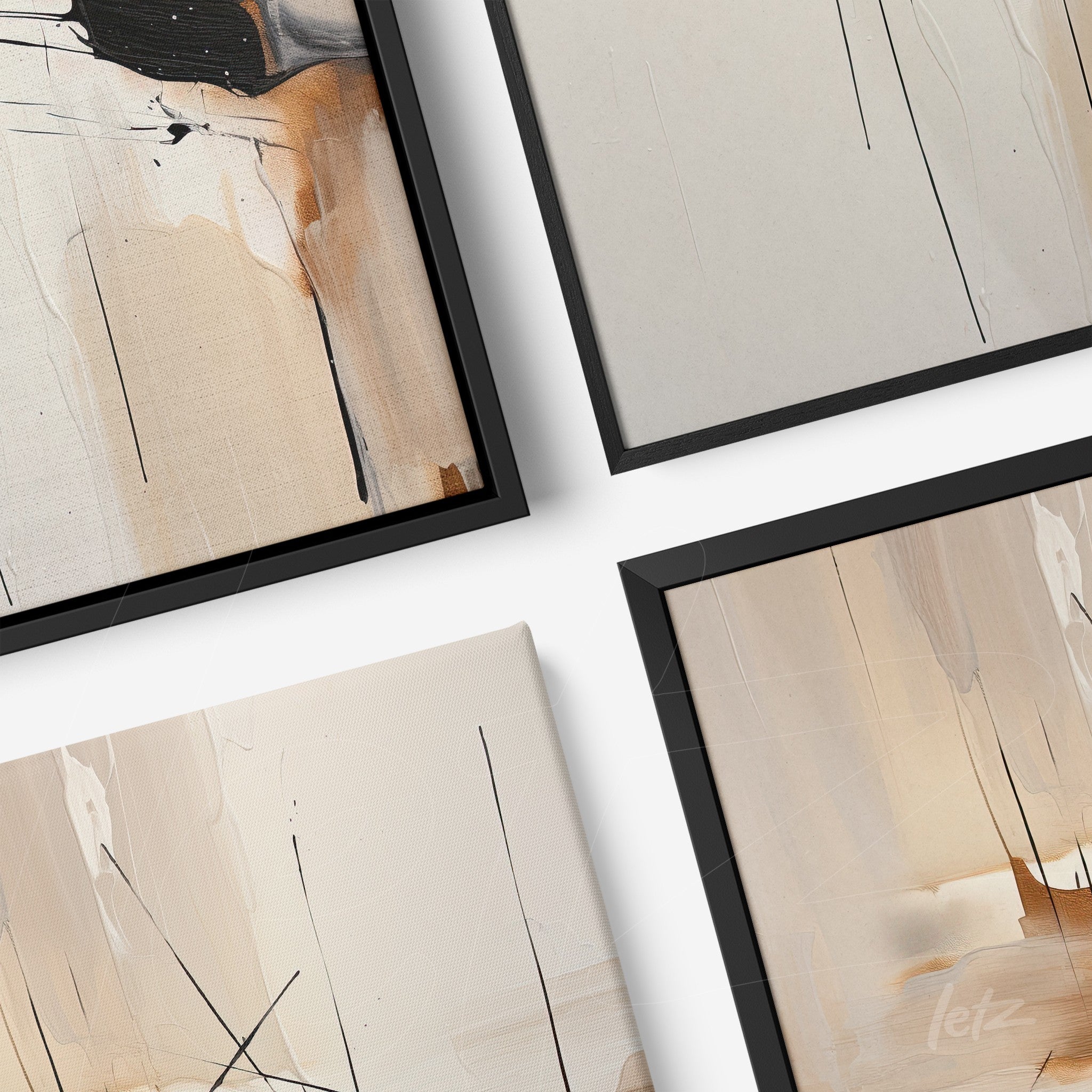 collection of abstract wall art with neutral tones and bold lines in black frames