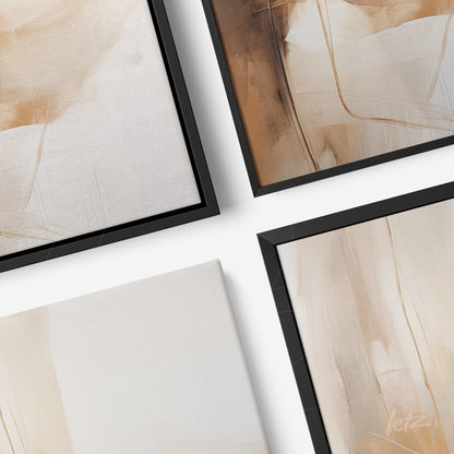 composition of four abstract framed artworks in black frames featuring soft shades of beige and cream with subtle textures