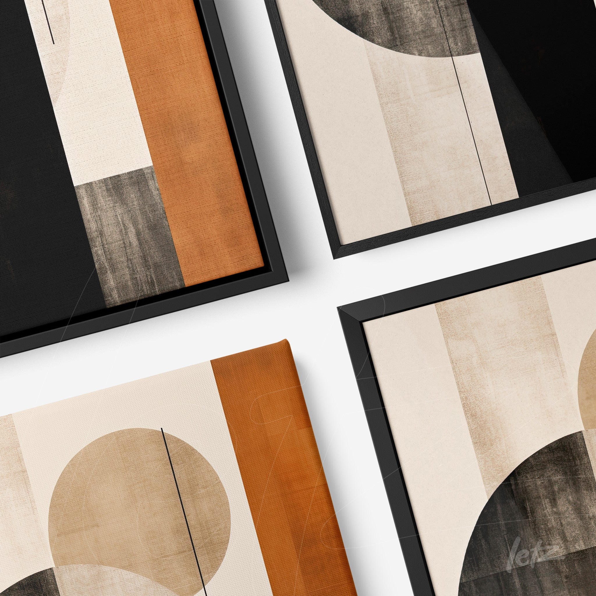 collection of abstract wall art featuring earthy tones and black frames, showcasing geometric shapes