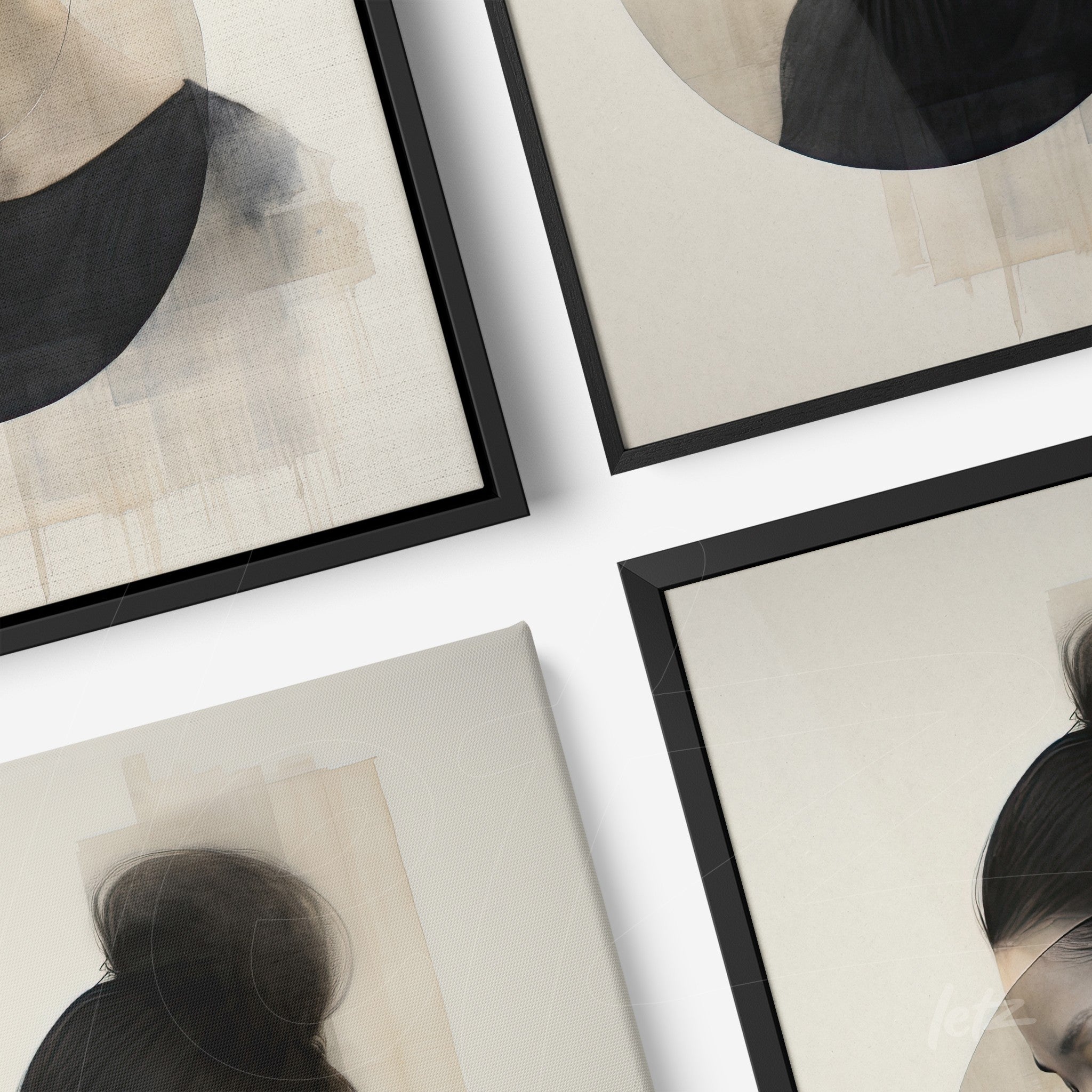 collection of abstract wall art featuring sketched portraits in neutral tones framed in black