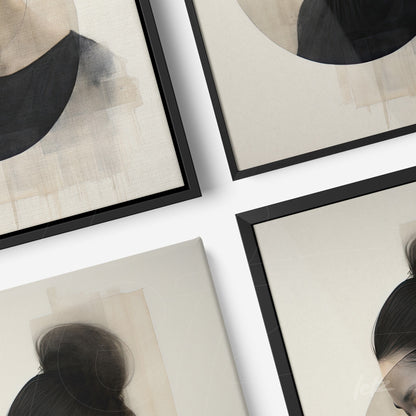 collection of abstract wall art featuring sketched portraits in neutral tones framed in black