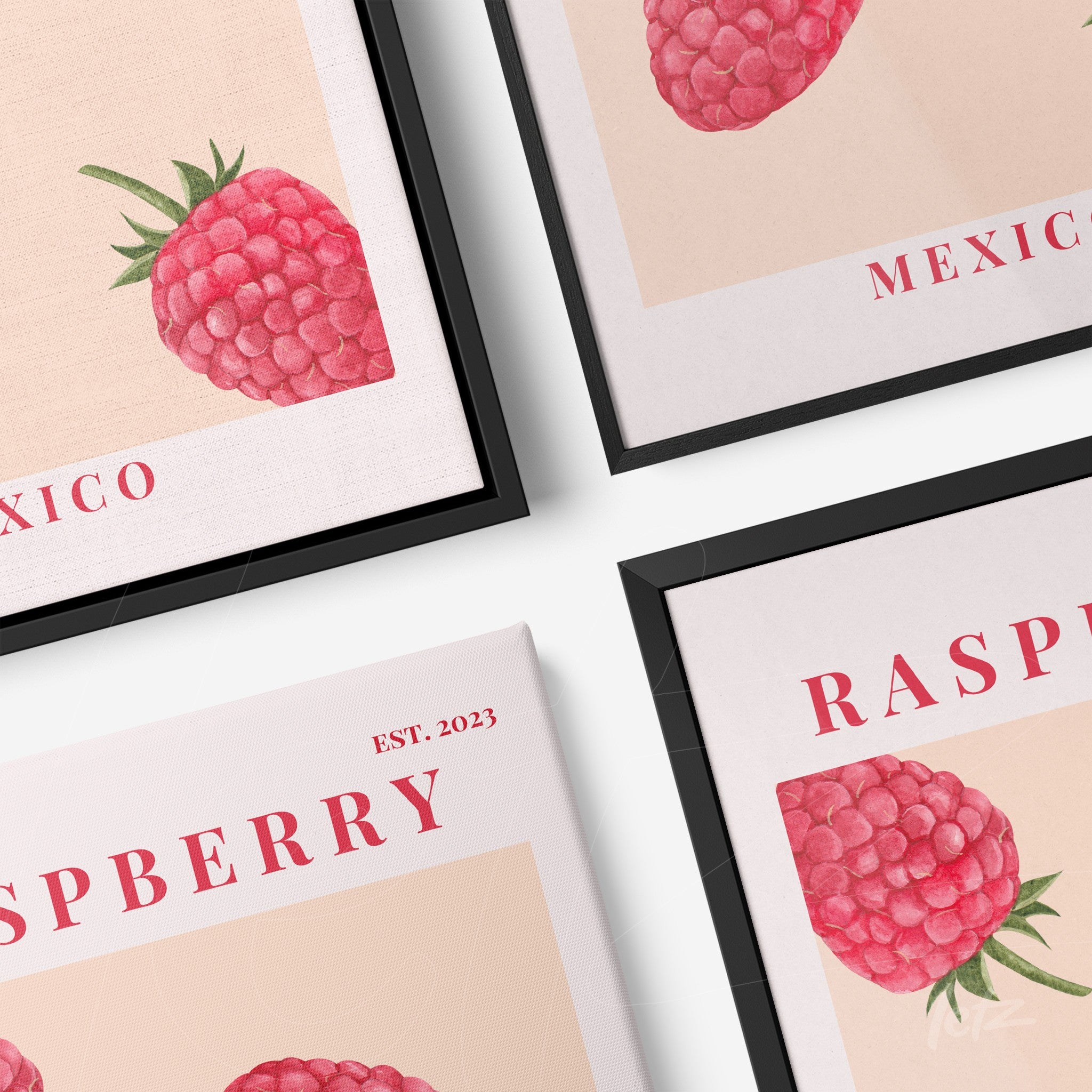 collection of decorative framed art featuring raspberry illustrations with black frames, embellished with soft backgrounds and red text