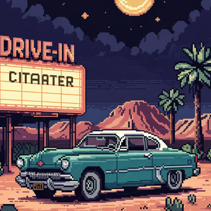 pixel art of a vintage car parked in front of a drive-in cinema with mountains in the background and palm trees surrounding