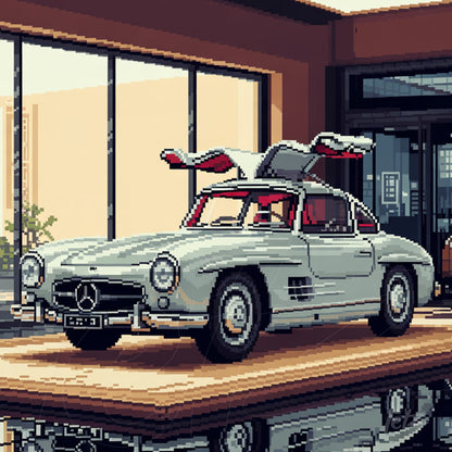 pixel art of a classic Mercedes car with gullwing doors in a modern room