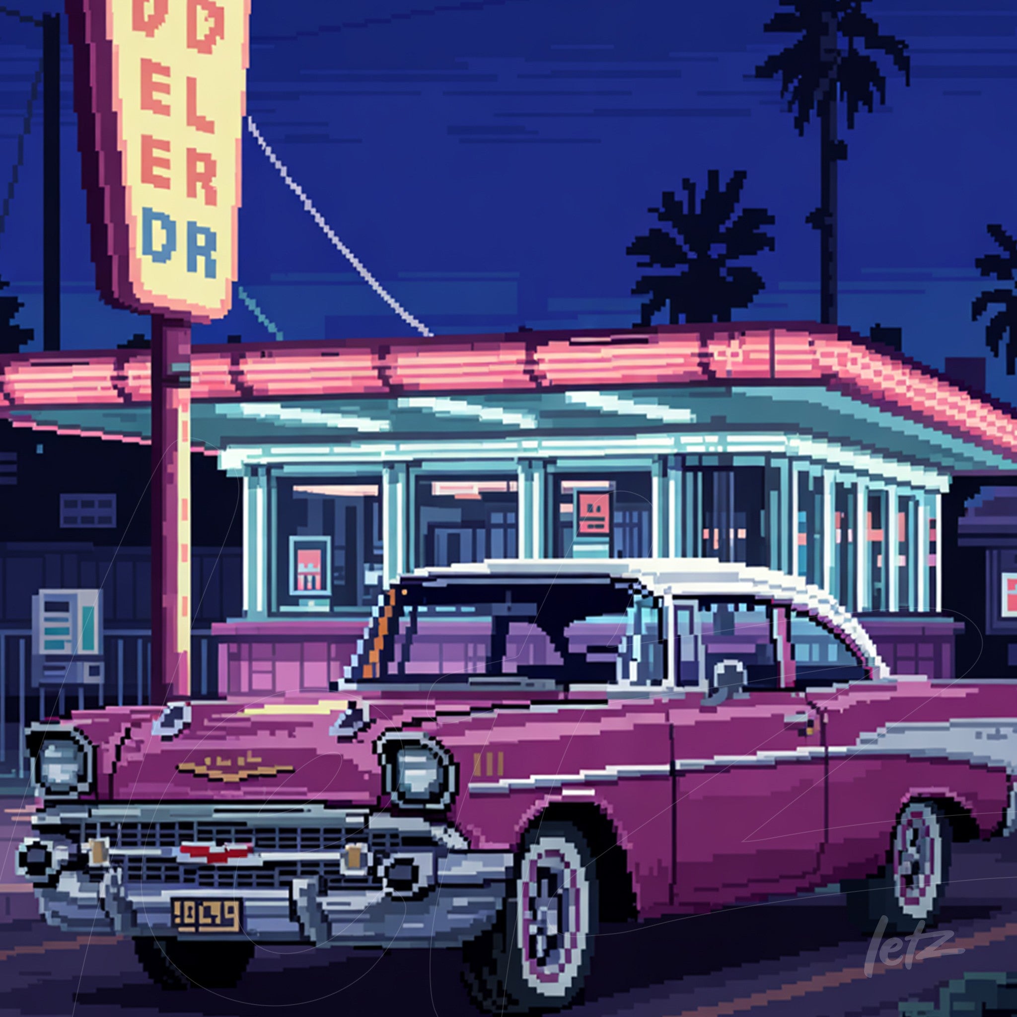 pixel art featuring a vintage pink car parked in front of a neon-lit diner