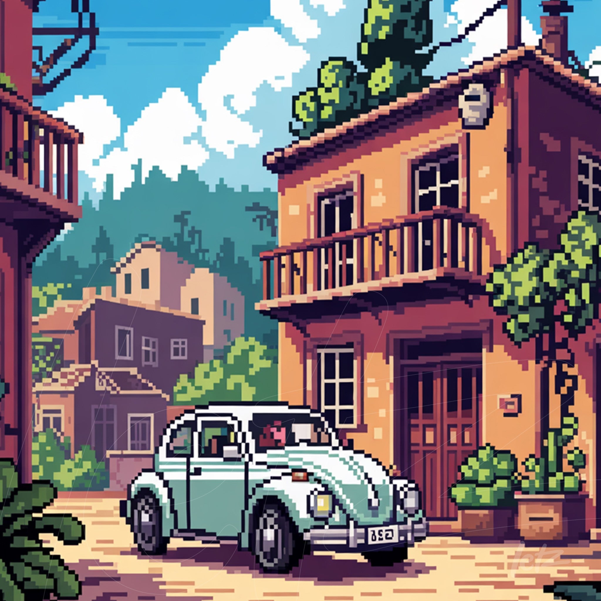 pixel art depicting a classic blue car in front of a Mediterranean-style house surrounded by greenery