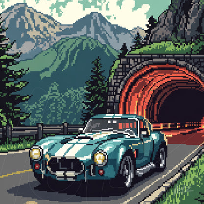 pixel art featuring a blue sports car on a road with mountains in the background and a illuminated tunnel