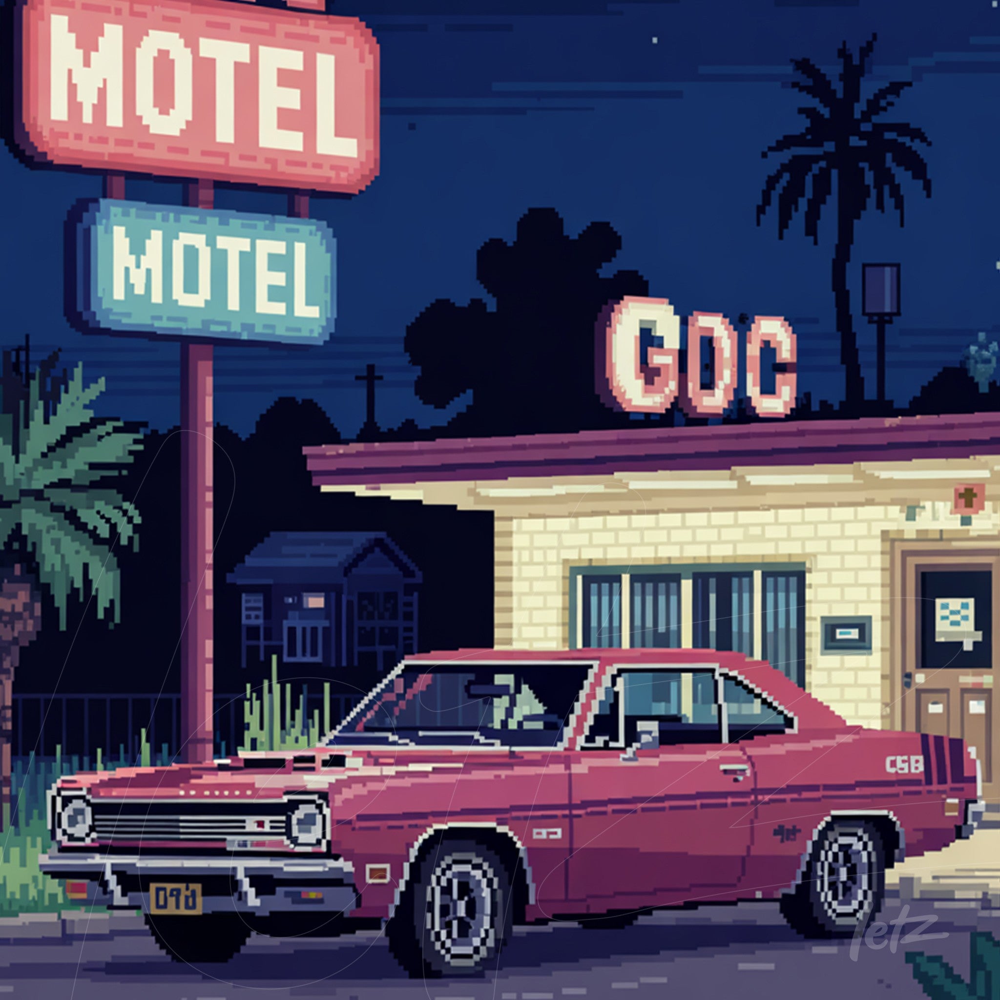 retro digital art of a classic car parked in front of a motel with illuminated signs and palm trees in the background