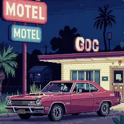 retro digital art of a classic car parked in front of a motel with illuminated signs and palm trees in the background