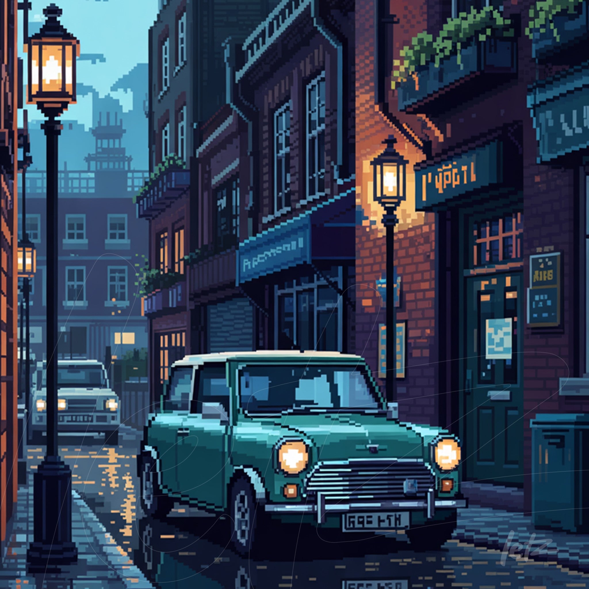 pixel art depicting a night street scene with a vintage green car and classic building facades illuminated by street lamps